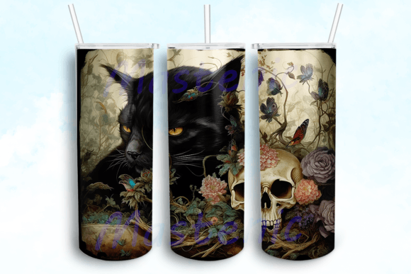 Black Cat and Skull Design Tumbler Png