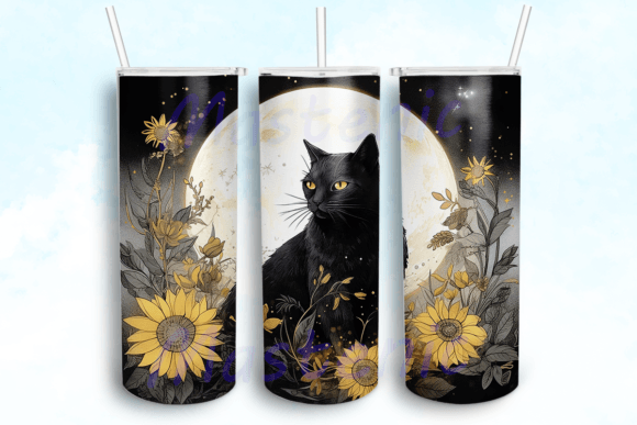 Black Cat with Moon 20oz Design Png